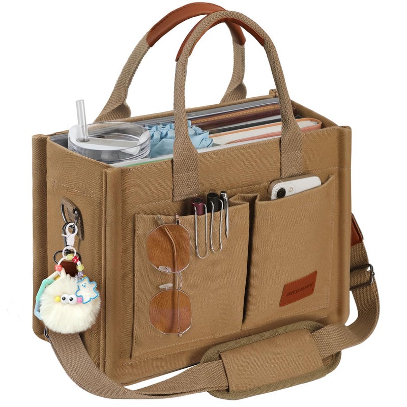 BECOJADDE Structured Canvas Tote Bag for Women, Multi-Compartment Zippered Purse for Work, Bible, Travel, Fits 14/15.6'' Laptop Brown M - Image 1