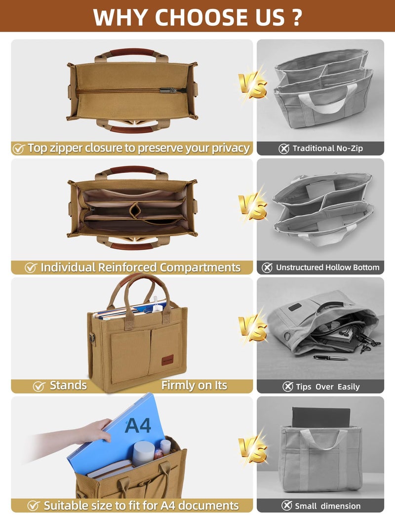 BECOJADDE Structured Canvas Tote Bag for Women, Multi-Compartment Zippered Purse for Work, Bible, Travel, Fits 14/15.6'' Laptop Brown M - Image 5