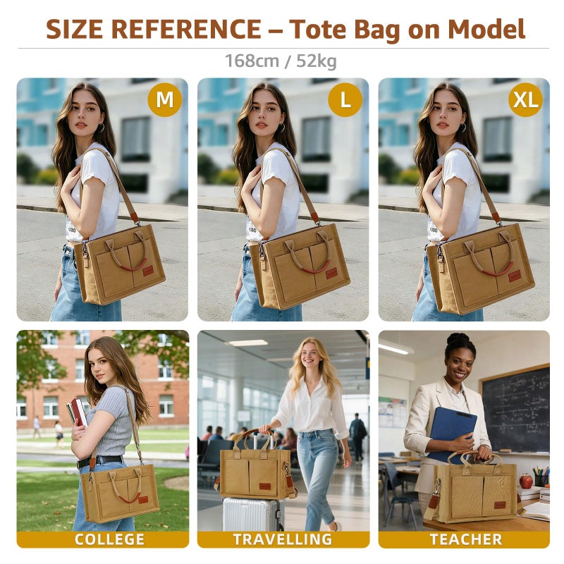 BECOJADDE Structured Canvas Tote Bag for Women, Multi-Compartment Zippered Purse for Work, Bible, Travel, Fits 14/15.6'' Laptop Brown M - Image 4