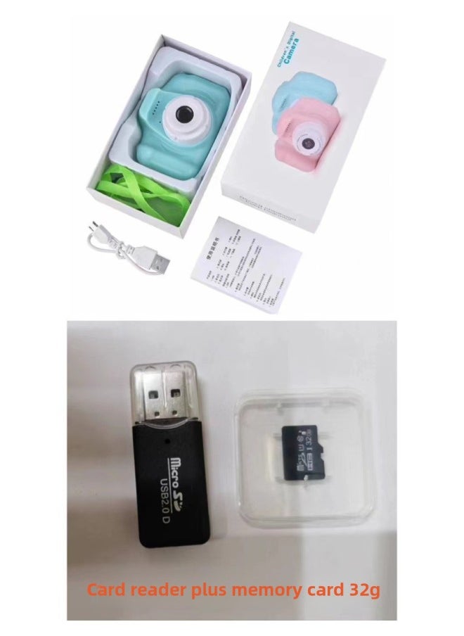 Cartoon Children's Camera Smart Mini Digital Photography X2 Kids Camera Birthday Gift Compact Digital Lcd Screen-Color:Green List +32GB + Card Reader  - Image 1