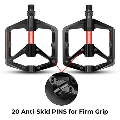 Yellowfin Aluminium Alloy Double DU Bearing Light Weight Bicycle Pedals with reflectors & Wide Platform, 20 Anti-Skid pins for Road Mountain BMX MTB Bike - Image 4