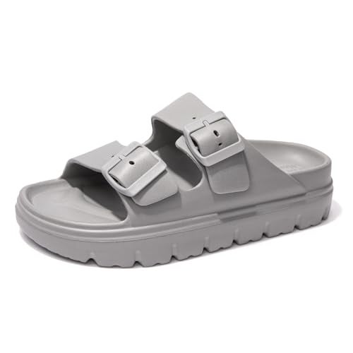 FUNKYMONKEY EVA Slides for Women Thick-sole Adjustable Double Buckle Waterproof Platform Sandals (9 M US, Grey/HDSPK) - Image 1