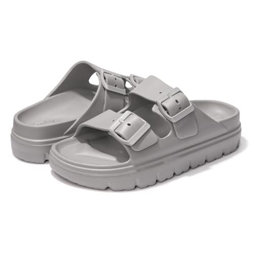 FUNKYMONKEY EVA Slides for Women Thick-sole Adjustable Double Buckle Waterproof Platform Sandals (9 M US, Grey/HDSPK) - Image 4