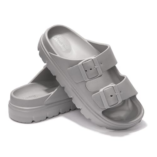 FUNKYMONKEY EVA Slides for Women Thick-sole Adjustable Double Buckle Waterproof Platform Sandals (9 M US, Grey/HDSPK) - Image 5
