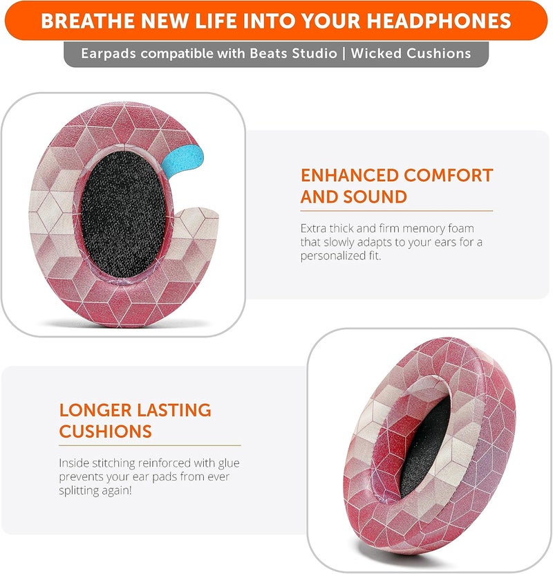WC Wicked Cushions Replacement Ear Pads for Beats Studio 2 & 3 (B0501, B0500) Wired & Wireless | Does NOT Fit Beats Solo | Softer PU Leather, Enhanced Foam & Stronger Adhesive | Hex Red - Image 4