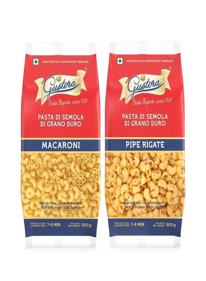 Gustora Healthy Macaroni & Pipe Rigate Pasta Combo Made Of Durum Wheat Semolina I Rich In Protein & Fibre I Zero Cholesterol I Vegetarian I No Trans - Fat I Cooking Time 10 Min - (500 Gm X 2) - Image 1