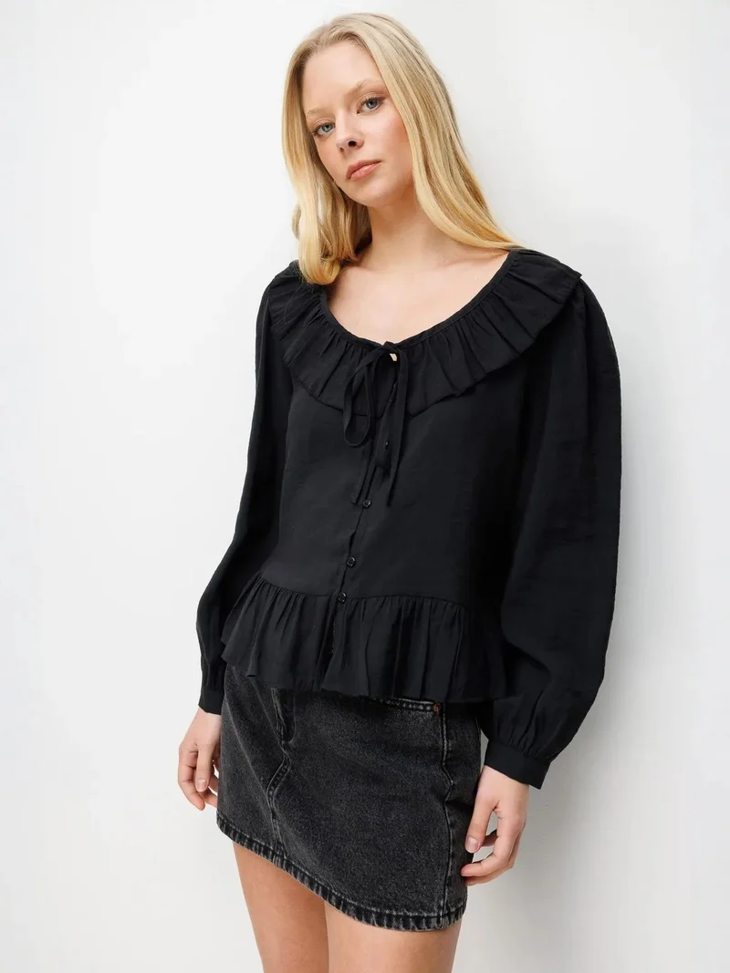 MixRay Black MIXRAY Frilly V-Neck Blouse with Button Closure for Women | Best Price UAE