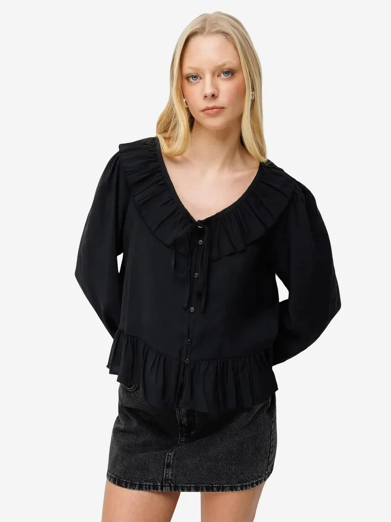 MixRay Black MIXRAY Frilly V-Neck Blouse with Button Closure for Women | Best Price UAE