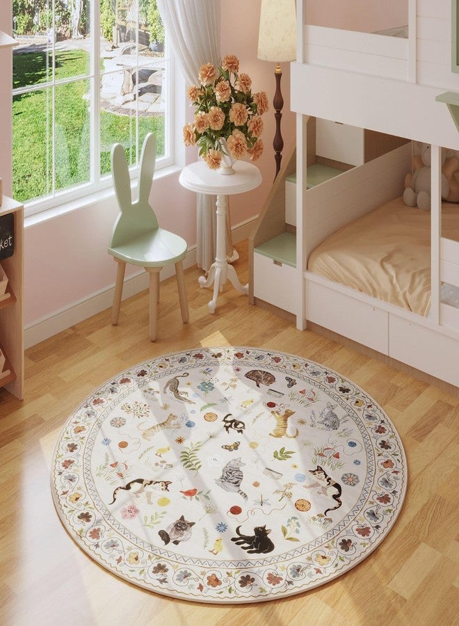 Rugcomf Round Rug 4ft Washable Circle Rug Non Slip Low Pile Boho Floral Animal Cat Small Circular Rug for Bedroom Bathroom Entryway Kids Room Office College Dorm, Beige - Image 2