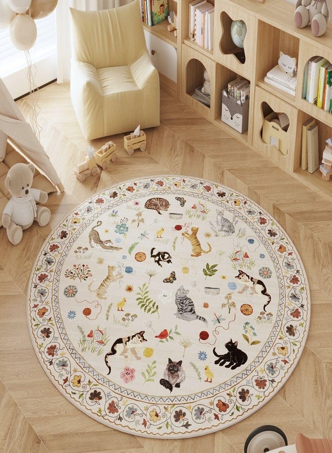 Rugcomf Round Rug 4ft Washable Circle Rug Non Slip Low Pile Boho Floral Animal Cat Small Circular Rug for Bedroom Bathroom Entryway Kids Room Office College Dorm, Beige - Image 1
