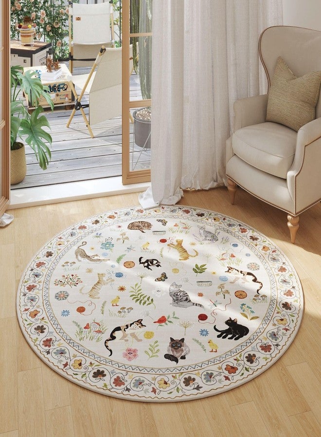 Rugcomf Round Rug 4ft Washable Circle Rug Non Slip Low Pile Boho Floral Animal Cat Small Circular Rug for Bedroom Bathroom Entryway Kids Room Office College Dorm, Beige - Image 3