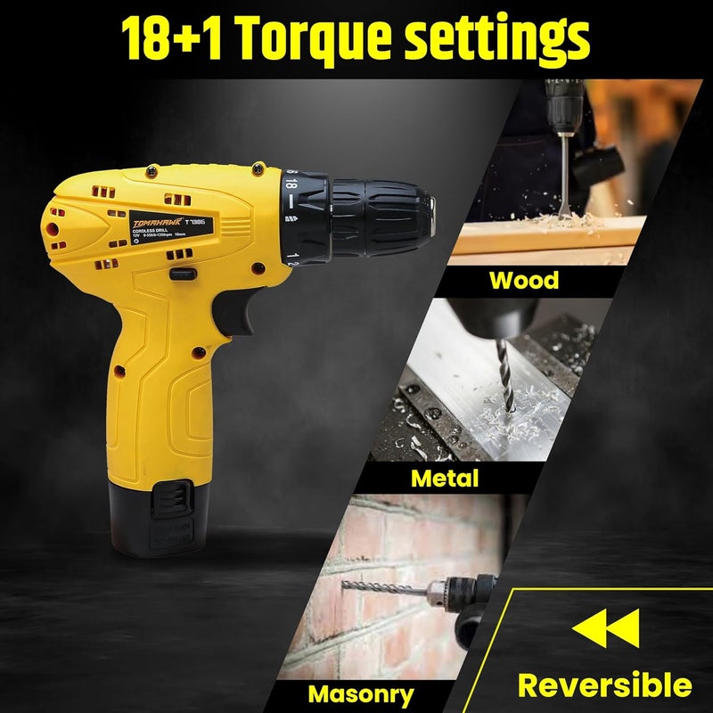 TOMAHAWK T7386 12V Cordless Screwdriver and Drill Machine Compact Lightweight Powerful 1350 RPM Reversible switch MultiTorque Clutch 10mm Keyless Chuck 1 x15Ah Battery - Image 4