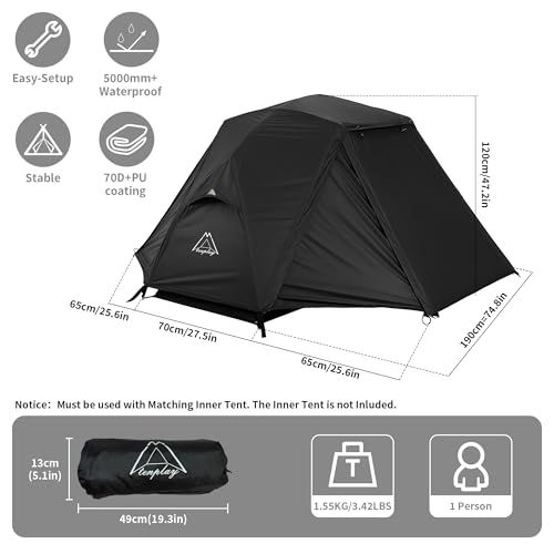 Mtenplay TENPLAY One Person Lightweight Tent Flysheet, Waterproof and Sunscreen, Expandable Tents Rainfly for Camping, Hiking, Backpacking, Picnics - Must be Used with Matching Inner Tent Black - Image 2
