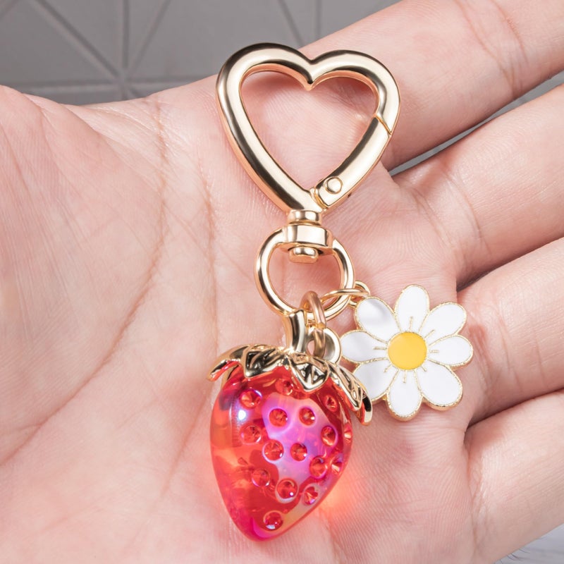 Wikavanli Cute Strawberry Keychain,Bag Charms,Kawaii Heart Flower Daisy Key chains Accessories Decor for Women Girls Purse Gift (Clear Strawberry, Red) - Image 3
