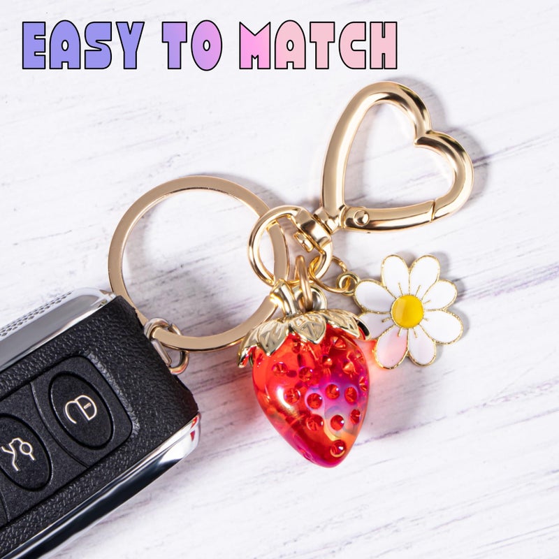 Wikavanli Cute Strawberry Keychain,Bag Charms,Kawaii Heart Flower Daisy Key chains Accessories Decor for Women Girls Purse Gift (Clear Strawberry, Red) - Image 2