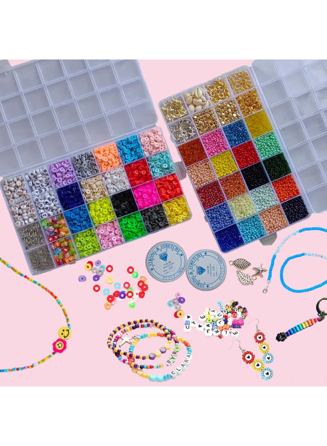 Bracelet making kit includes clay beads and glass seed beads，black-and-white, platinum and color letter beads, gold spacer beads, gold star beads, and a variety of accessories (open ring, binder, different pendants, shell, starfish, earring hook, bracelet extension chain,2 roll crystal elastic string ), to meet all your needs for jewelry making. Heishi beads kit for jewelry making perfect for DIY bracelets, earrings, necklaces, rings, waist chains, name key chains, hair bands, glasses chains, mobile phone chains, shoelaces, etc. It is also a perfect holiday gift for friends, children, family, or wedding gifts, etc. All beads are vivid colored,clay bead set is made of new environmentally friendly soft clay material, which is safe, non-toxic, non-fading, skin-friendly, and waterproof. rainbow color glass seed beads are made of high-quality acrylic material durable and sturdy quality , symmetrical with shiny luster, will not expand in water. - Image 1
