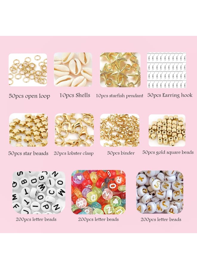 Bracelet making kit includes clay beads and glass seed beads，black-and-white, platinum and color letter beads, gold spacer beads, gold star beads, and a variety of accessories (open ring, binder, different pendants, shell, starfish, earring hook, bracelet extension chain,2 roll crystal elastic string ), to meet all your needs for jewelry making. Heishi beads kit for jewelry making perfect for DIY bracelets, earrings, necklaces, rings, waist chains, name key chains, hair bands, glasses chains, mobile phone chains, shoelaces, etc. It is also a perfect holiday gift for friends, children, family, or wedding gifts, etc. All beads are vivid colored,clay bead set is made of new environmentally friendly soft clay material, which is safe, non-toxic, non-fading, skin-friendly, and waterproof. rainbow color glass seed beads are made of high-quality acrylic material durable and sturdy quality , symmetrical with shiny luster, will not expand in water. - Image 4