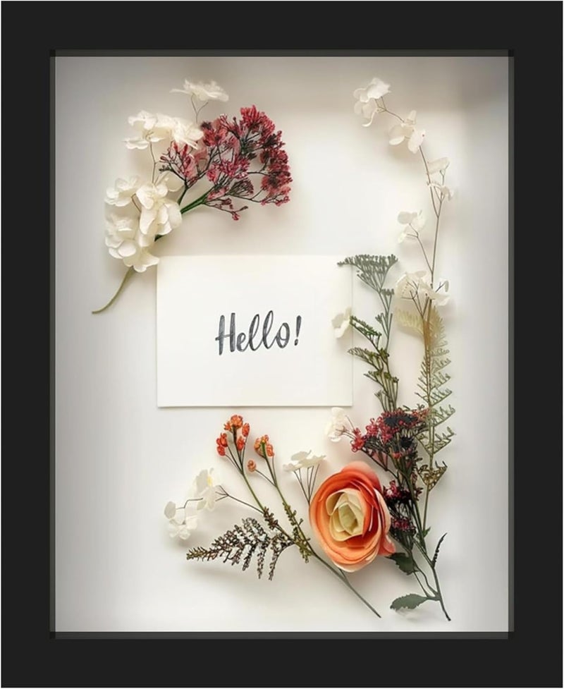 FrameWorks 8” x 10” Black Wooden Shadow Box Frame – Display Case with Soft Felt Back, Memory Box with Tempered Glass, Display Box with Elegant White Ball Push Pins, Wooden Flower Box - Image 1