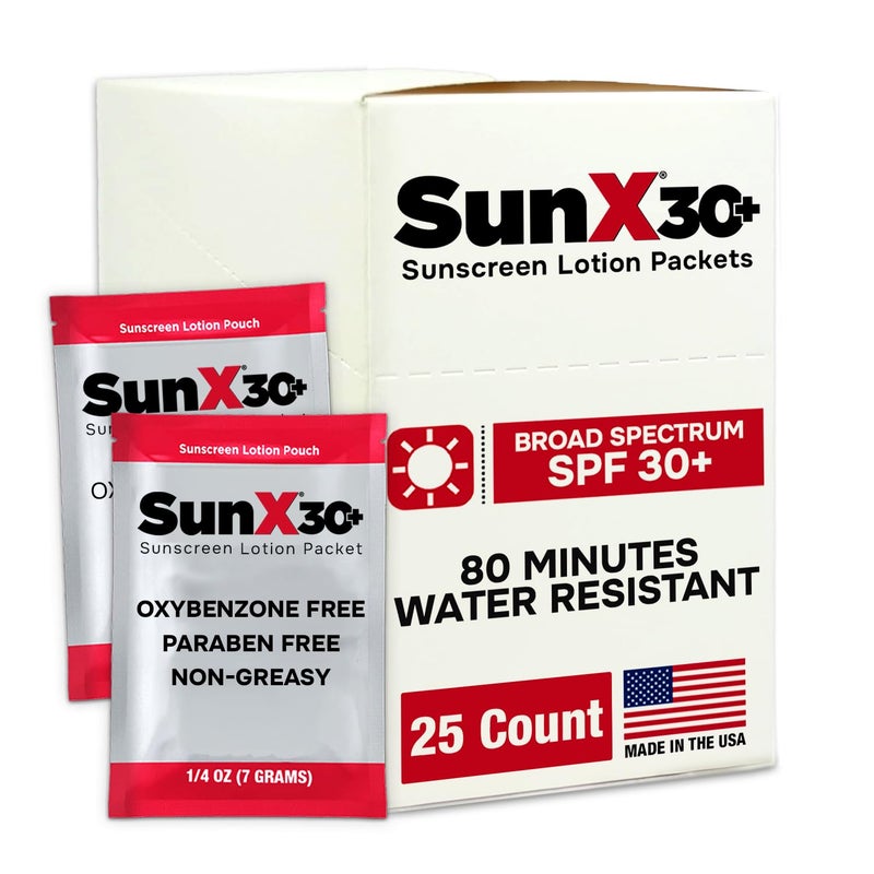CoreTex Sun X 30+ SPF Individual Sunscreen Packets Travel Size - Pack of 25 Paraben, Oxybenzone, & White Cast Free Broad Spectrum SPF Sunscreen Packets - Water & Sweat Resistant for Up to 80 Minutes