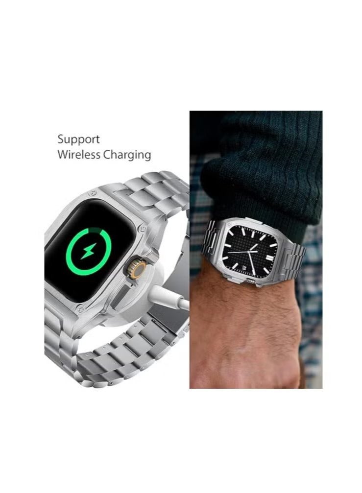ACLIX Stainless Steel Band - Compatible with Watch Bands 45mm Series 7/8 with Metal Bumper, Strap Replacement Shockproof Protector Case Cover Accessories for iWatch Series 6/SE/5/4 44mm - Silver - Image 2