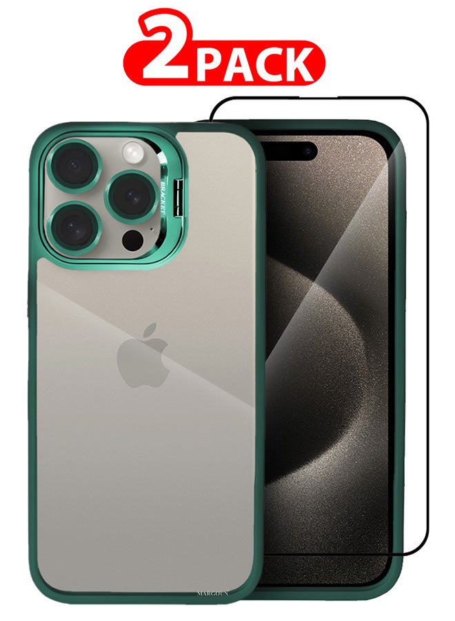 CATANES 2 Pack iPhone 15 Pro Case Cover and Lens Protector and Screen Protector Built-in Camera Stand and Compatible with MagSafe Full Body Shockproof Case Clear Green - Image 1