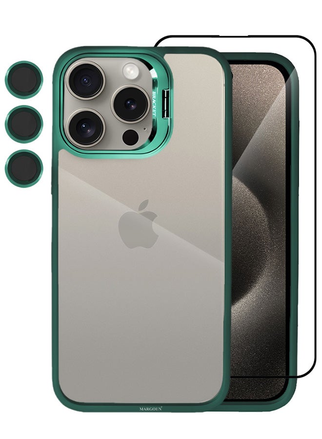 CATANES 2 Pack iPhone 15 Pro Case Cover and Lens Protector and Screen Protector Built-in Camera Stand and Compatible with MagSafe Full Body Shockproof Case Clear Green - Image 2