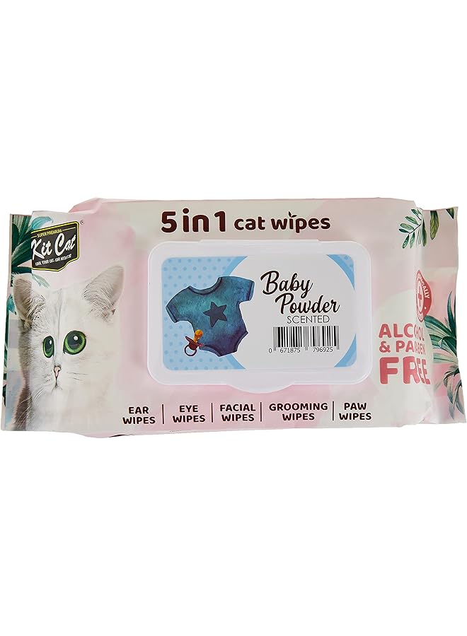 Kit Cat Wet Wipes 5 In 1 Baby Powder Scented 80 Pcs  - Image 1