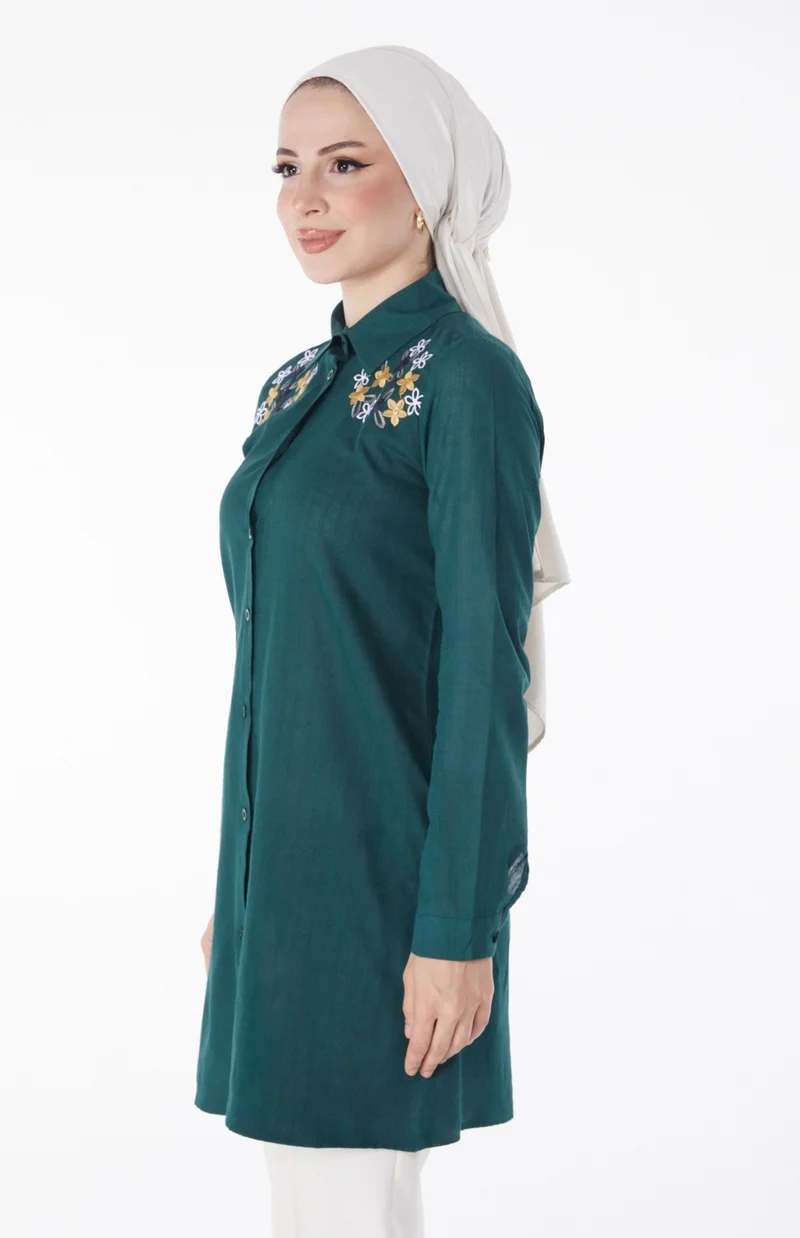 Tofisa Plain Shirt Collar Women's Green Embroidered Shirt - 13167