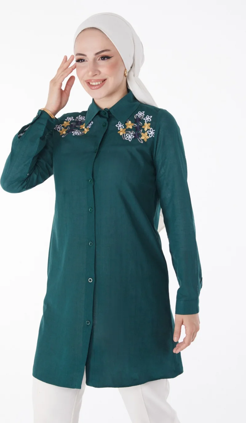 Tofisa Plain Shirt Collar Women's Green Embroidered Shirt - 13167