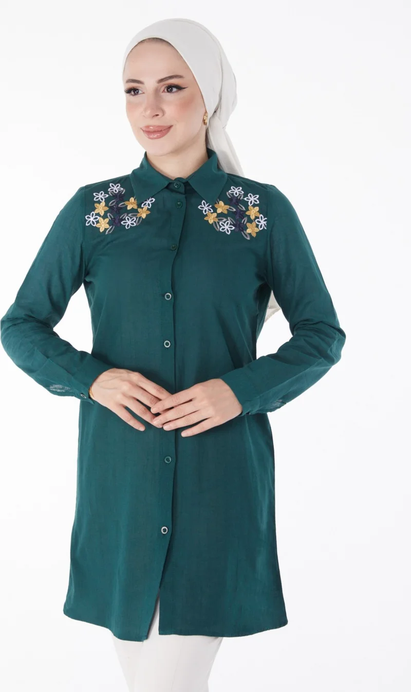 Tofisa Plain Shirt Collar Women's Green Embroidered Shirt - 13167