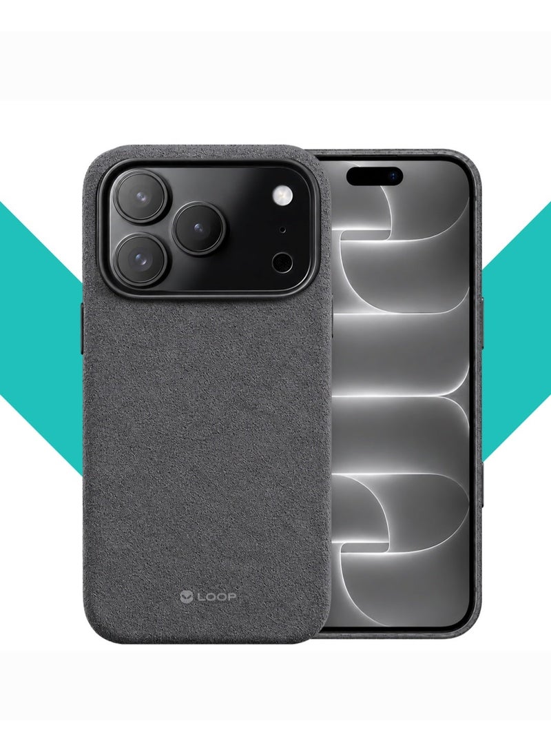 LOOP Alcantara Case for iPhone 18 Pro, Slim MagSafe Compatible Cover, Soft Suede Feel, Metal Buttons, Raised Camera and Screen Protection, Grey - Image 1
