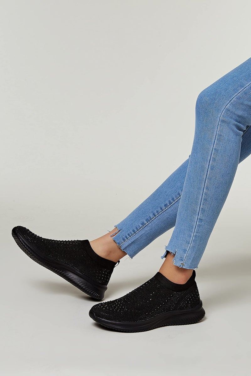 BELOS Women's Rhinestone Slip On Walking Shoes Breathable Mesh Knit Sock Shoes Fashion Comfortable Sparkly Sneaker(Black,8) - Image 2