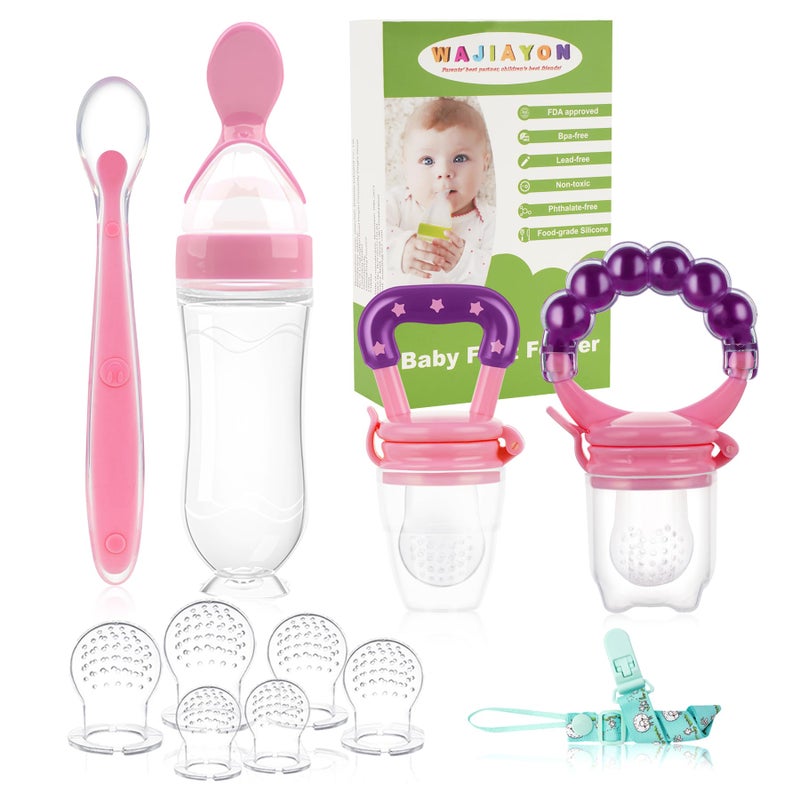 WAJIAYON Baby Fruit Feeder Pacifier - 12 Pack | 2 Infant Food Feeder Pacifier & 1 Baby Food Dispensing Spoon | Fresh Fruit Teethers for Babies | Silicone Feeder Babies,Infant Teething Feeders (Pink) - Image 1