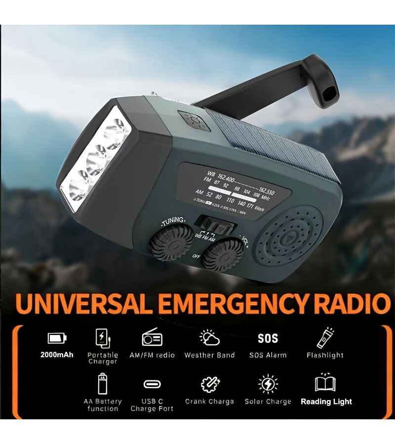 Solar Powered Emergency Radio 2000mAh Power Bank AM FM NOAA Weather Portable Darkgreen - Image 3
