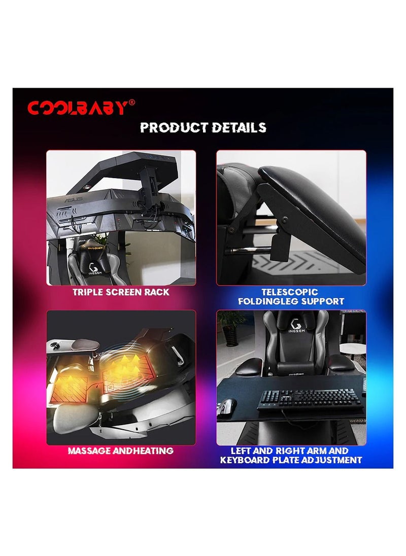 Cool Baby - Zero Gravity Reclining Gaming Workstation Game Chair Ergonomic Gaming Chair With Heat And Massage With 3 Monitors Computer - Image 1