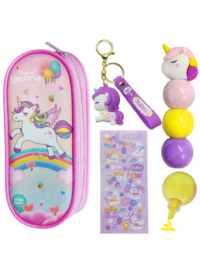 فنبلاست حقائب قماشية من فن بلاست بتصميم يونيكورن، سلسلة مفاتيح بتصميم يونيكورن، أقلام تحديد بتصميم يونيكورن للبنات، مجموعة أدوات مكتبية كاواي للبنات، أدوات مكتبية أنيقة لطلاب المدارس والجامعات (وردي) - Image 1