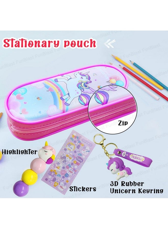 فنبلاست حقائب قماشية من فن بلاست بتصميم يونيكورن، سلسلة مفاتيح بتصميم يونيكورن، أقلام تحديد بتصميم يونيكورن للبنات، مجموعة أدوات مكتبية كاواي للبنات، أدوات مكتبية أنيقة لطلاب المدارس والجامعات (وردي) - Image 5