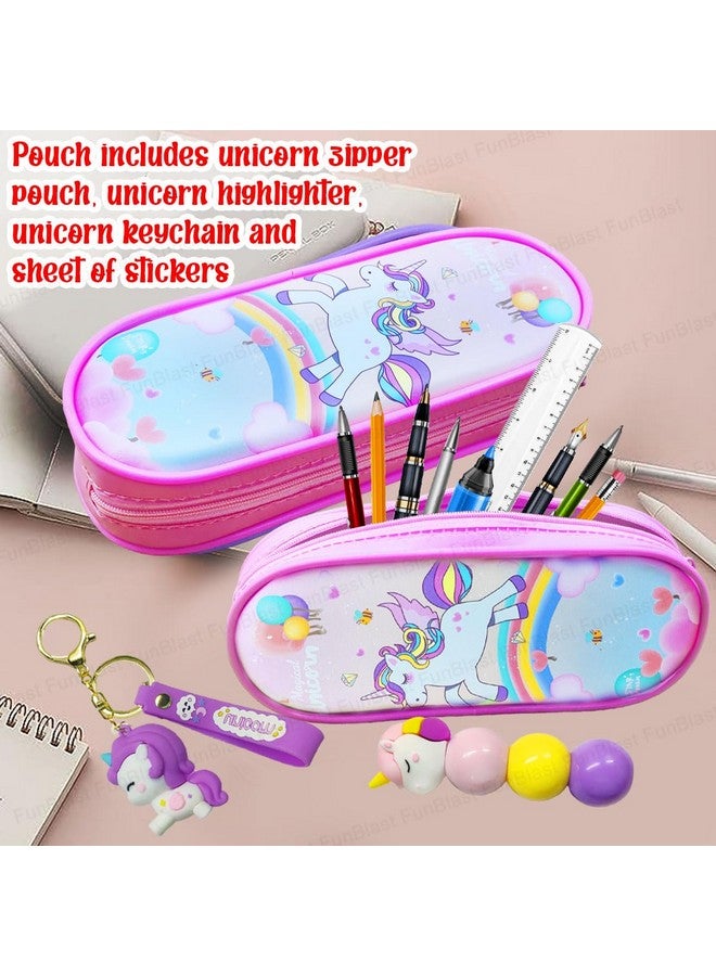 فنبلاست حقائب قماشية من فن بلاست بتصميم يونيكورن، سلسلة مفاتيح بتصميم يونيكورن، أقلام تحديد بتصميم يونيكورن للبنات، مجموعة أدوات مكتبية كاواي للبنات، أدوات مكتبية أنيقة لطلاب المدارس والجامعات (وردي) - Image 3