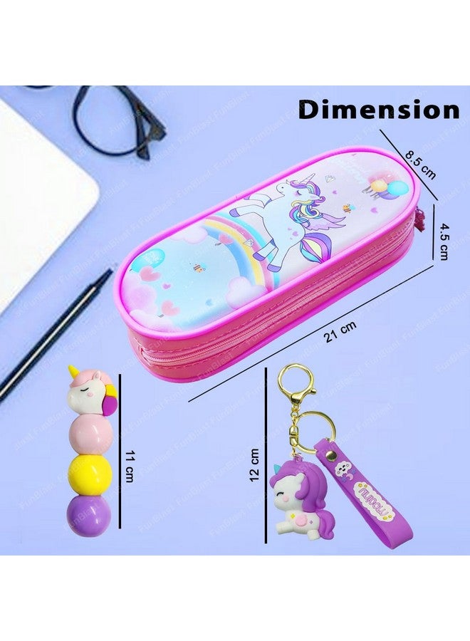 فنبلاست حقائب قماشية من فن بلاست بتصميم يونيكورن، سلسلة مفاتيح بتصميم يونيكورن، أقلام تحديد بتصميم يونيكورن للبنات، مجموعة أدوات مكتبية كاواي للبنات، أدوات مكتبية أنيقة لطلاب المدارس والجامعات (وردي) - Image 2