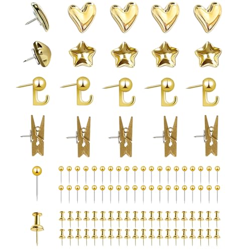 KEYDUACU 100 Pcs Gold Push Pins Set, Metal Thumb Tacks, Decorative Push Pins for Cork Board with Hook Clip, 6 Style Office Accessories for Map - Image 1