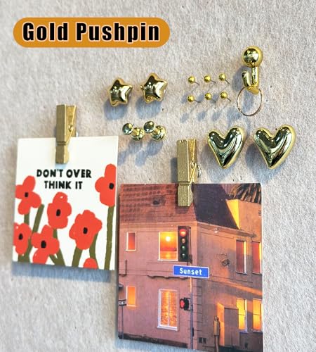 KEYDUACU 100 Pcs Gold Push Pins Set, Metal Thumb Tacks, Decorative Push Pins for Cork Board with Hook Clip, 6 Style Office Accessories for Map - Image 2
