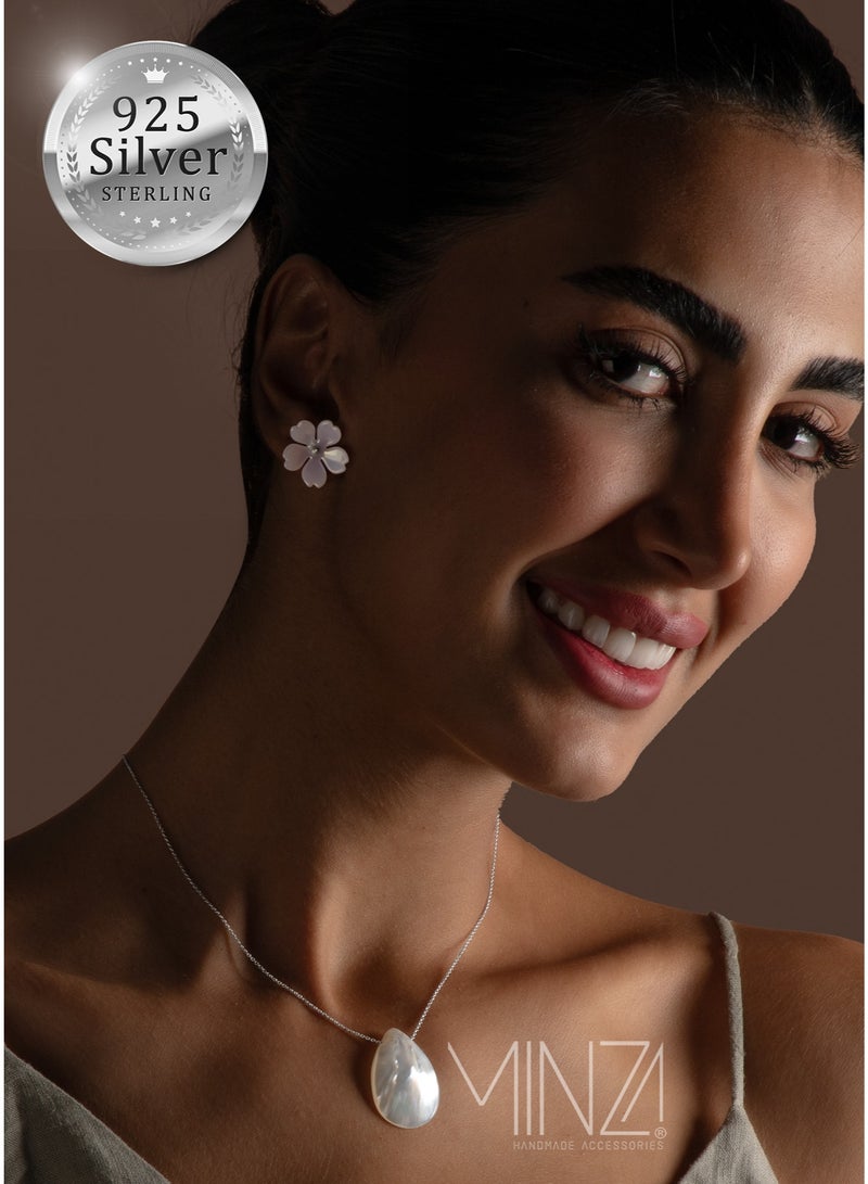 Minza “Garden” Women’s Silver Earrings, Sterling Silver 925 & Natural Shell Flower, Stud Earrings for Women, Minimalist Handmade Jewelry for Casual & Special Occasion. - Image 1