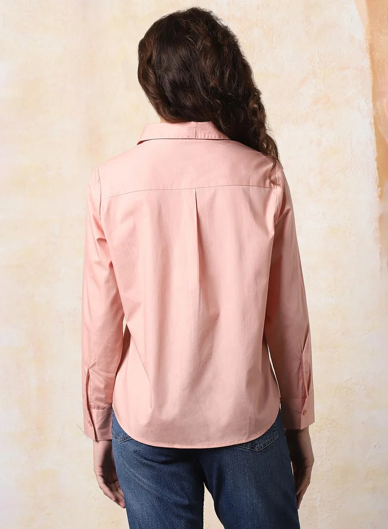 HIGH STAR Peach Women Comfort Fit Spread Collar Solid Cotton Casual Shirt for Women | Best Price UAE
