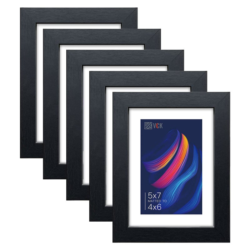 VCK 5x7 Picture Frame Black Set of 5 Textured Exclusive Wooden Photo Frames with HD Glass  Matted to 4x6 or 5x7 without Mat