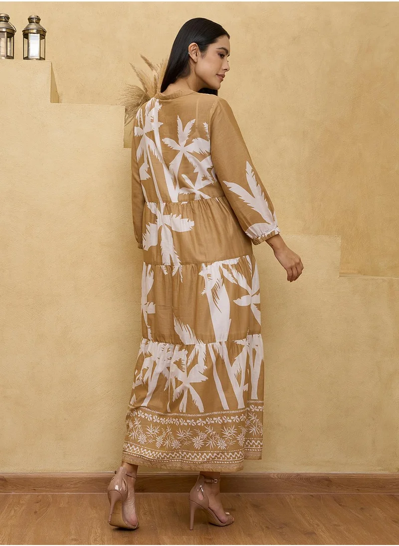 كوتور لابس Beige White Linen Midi Dress with Lining