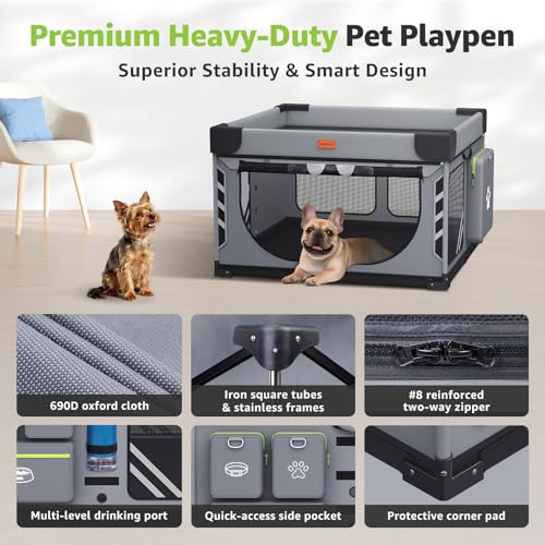 Loobani Foldable Dog Playpen Indoor/Outdoor,1 Min Setup Whelping Box, 690D Oxford Fabric & Reinforced Steel/Iron Frame, Portable Puppy Playpen with Rugged Carry Bag for Home &Travel-43.3"x43.3"x27.1" - Image 4