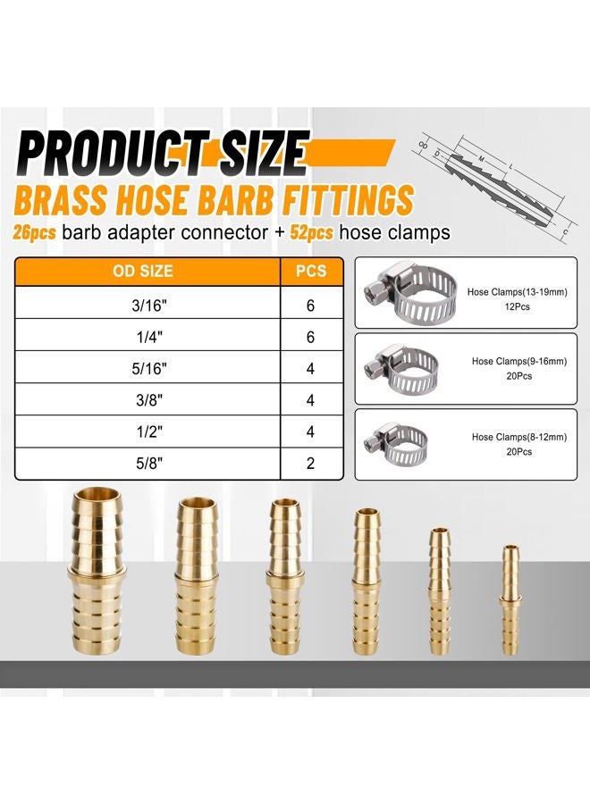 Ailbiuko 26PCS Brass Hose Barb Fitting,Barb Splicer Mender Hose Fittings 3/16" 1/4" 5/16" 3/8" 1/2" 5/8" with 52Pcs Stainless Steel Pipe Hose Clamps for Air/Fuel/Water/Oil Hose - Image 2