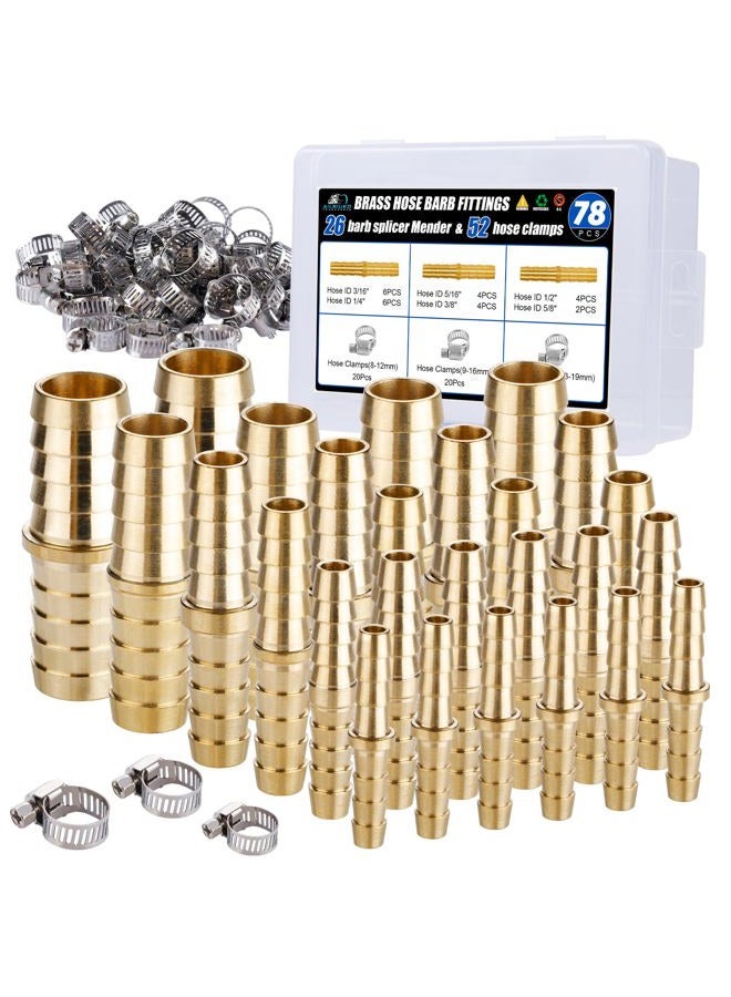 Ailbiuko 26PCS Brass Hose Barb Fitting,Barb Splicer Mender Hose Fittings 3/16" 1/4" 5/16" 3/8" 1/2" 5/8" with 52Pcs Stainless Steel Pipe Hose Clamps for Air/Fuel/Water/Oil Hose - Image 1