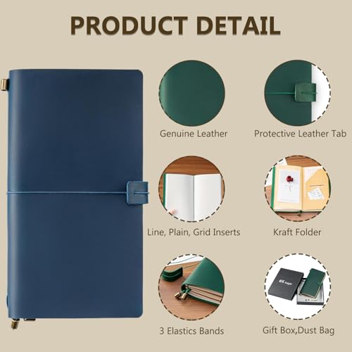 Ox Knight Refillable Leather Travelers Notebook, 8.6 x 4.9 Standard Size Travel Diary for Men and Women, Genuine Leather Travel Journal with 3 Notebook Inserts for Writing, Sketching & Planning, Blue - Image 3