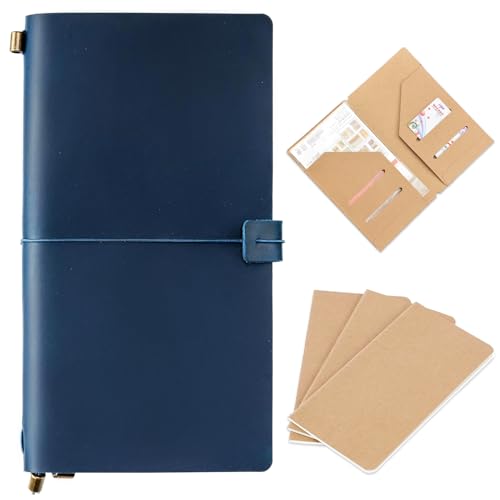 Ox Knight Refillable Leather Travelers Notebook, 8.6 x 4.9 Standard Size Travel Diary for Men and Women, Genuine Leather Travel Journal with 3 Notebook Inserts for Writing, Sketching & Planning, Blue - Image 1
